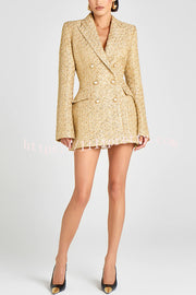 Heels Click Tweed Fabric Pearl Button Long Sleeve Lapel Blazer Mini Dress