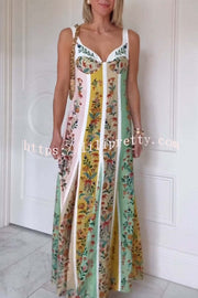 Sweet Garden Linen Blend Color Block Floral Paneled Maxi Dress
