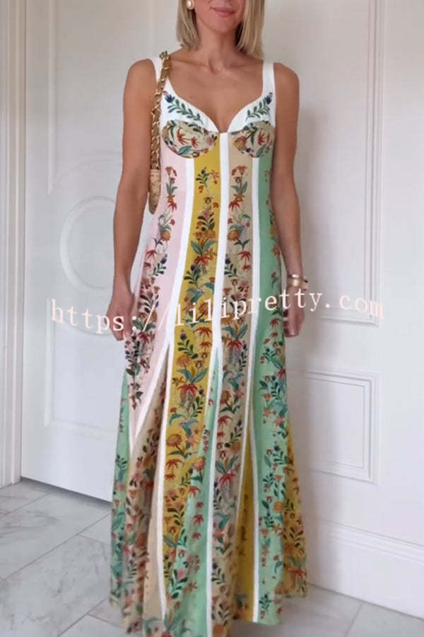 Sweet Garden Linen Blend Color Block Floral Paneled Maxi Dress