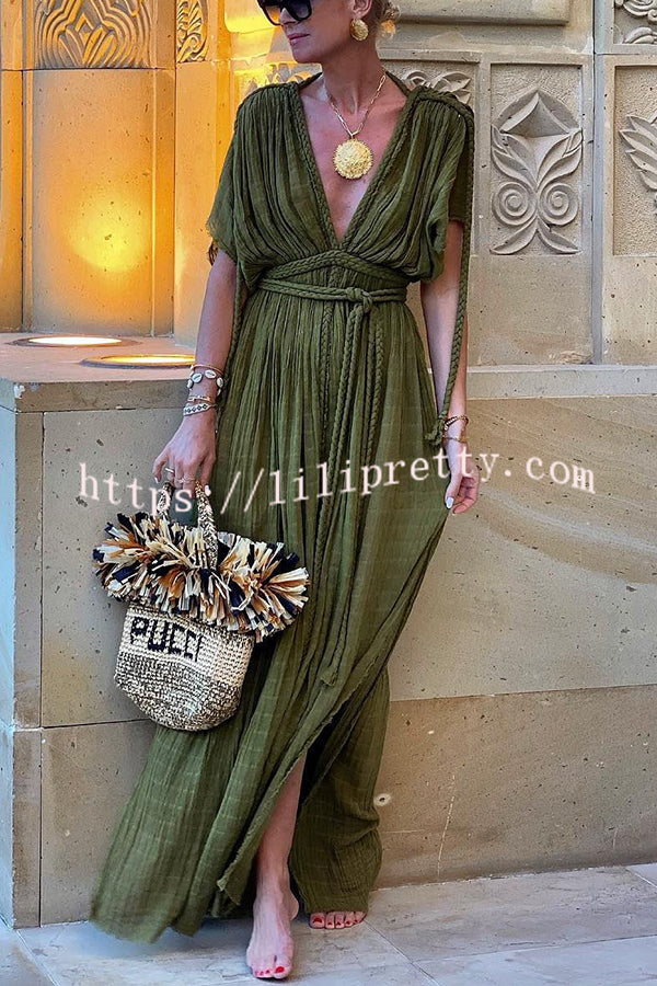 Lilipretty Greek Style Linen Blend Draped Braids Kimono Cover Up Slit Maxi Dress