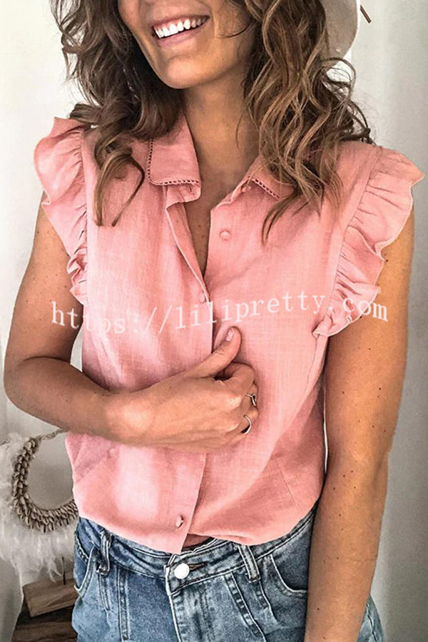Lilipretty Solid Color Short Ruffle Sleeve Button Front Shirt