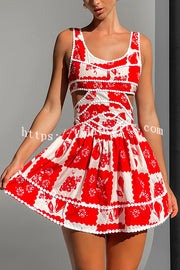 Holiday Colors Ric Rac Trims Unique Print Cutout Round Neck Mini Dress