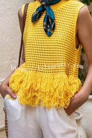Solid Color Round Neck Sleeveless Hollow Tassel Loose Vest
