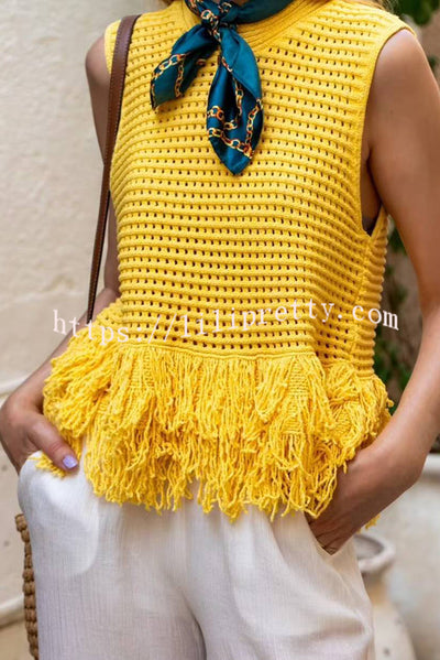 Solid Color Round Neck Sleeveless Hollow Tassel Loose Vest