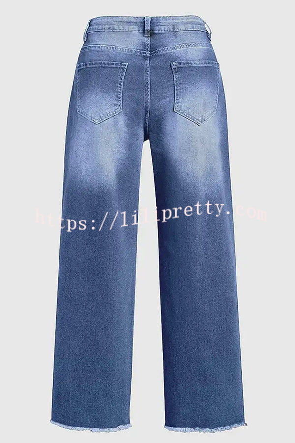 Stylish Raw-edge Mid-rise Pocket Stretch Straight-leg Jeans