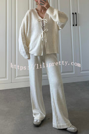 Solid Color V-neck Tie Long-sleeved Loose Knit Cardigan and Elastic Waist Casual Straight Leg Pants Set