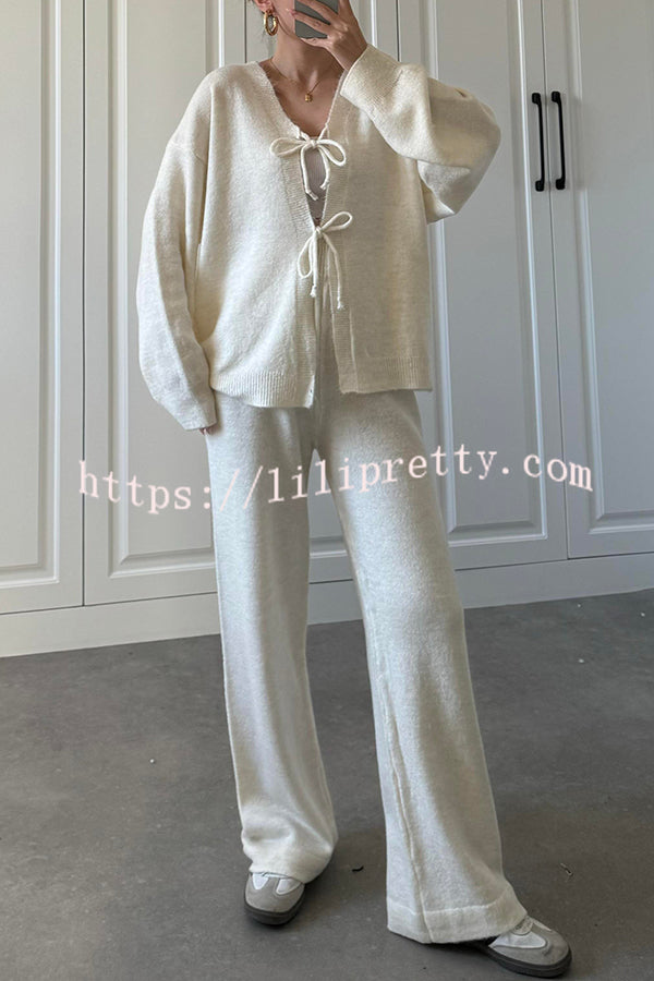 Solid Color V-neck Tie Long-sleeved Loose Knit Cardigan and Elastic Waist Casual Straight Leg Pants Set