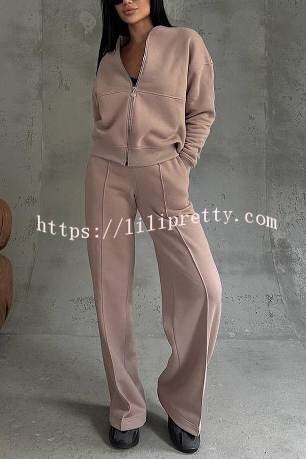 Solid Color Casual Long Sleeve Zipper Jacket and Elastic Waist Pocket Wide Leg Pants Set