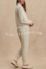 Ivory Marl Fleck Half-Zip Neck Long Sleeve Sweatshirt and Elastic Waist Pocket Jogger Set