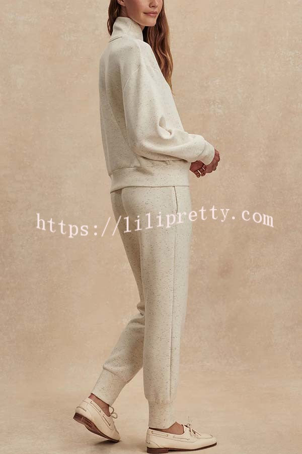 Ivory Marl Fleck Half-Zip Neck Long Sleeve Sweatshirt and Elastic Waist Pocket Jogger Set