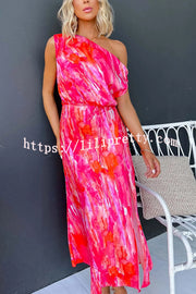 Satin Unique Print One Shoulder Tie Waist Slit Maxi Dress