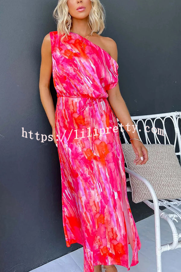 Satin Unique Print One Shoulder Tie Waist Slit Maxi Dress