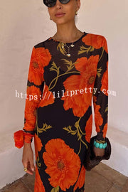 Perfect Cross-season Mesh Poppy Flower Print Long Sleeve Stretch Maxi Dress