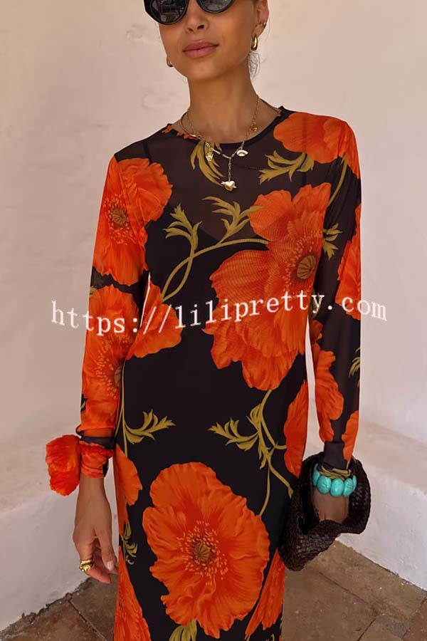 Perfect Cross-season Mesh Poppy Flower Print Long Sleeve Stretch Maxi Dress