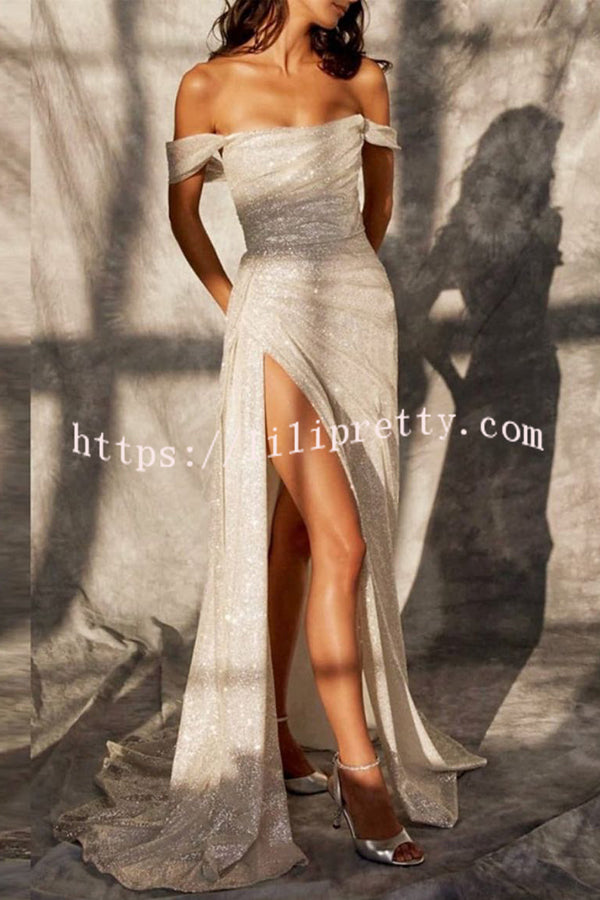 Lilipretty Silver Sequin Slit Off Shoulder Maxi Dress with Long Train