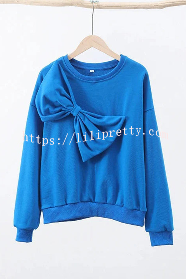 Solid Color Round Neck Long Sleeve Bow Loose Sweatshirts