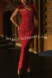 Holiday Intimacy Embroidered Floral Lace Bow Shoulder Straps Slit Maxi Dress