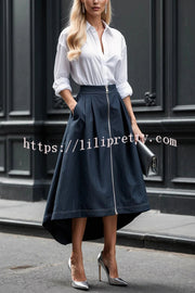 Effortless Charm Front Zipper Detail Pocketed High Low Pleated Midi Skirt