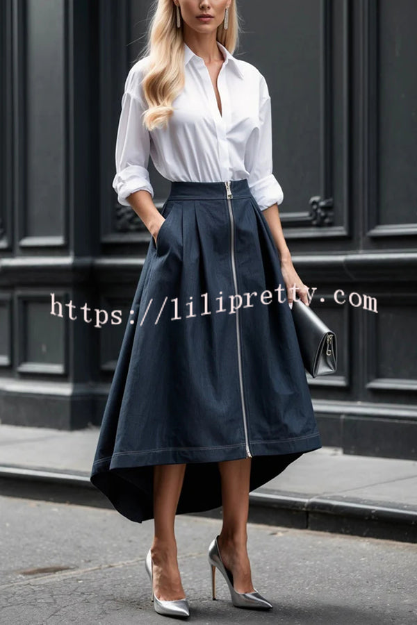 Effortless Charm Front Zipper Detail Pocketed High Low Pleated Midi Skirt
