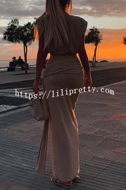 Comfortable Stylish Round Neck Sleeveless Casual Top and Elastic Waist Ruched Tie Slit Midi Skirt Set