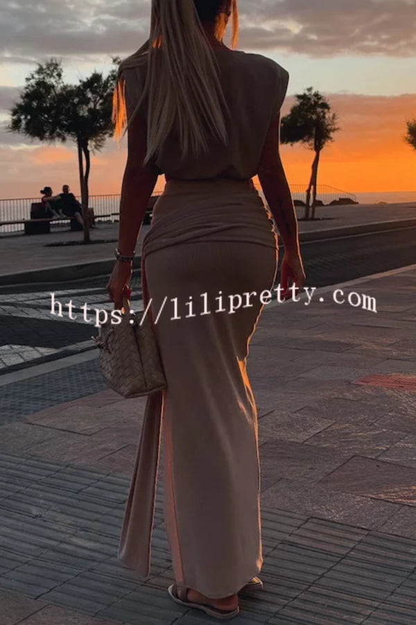 Comfortable Stylish Round Neck Sleeveless Casual Top and Elastic Waist Ruched Tie Slit Midi Skirt Set