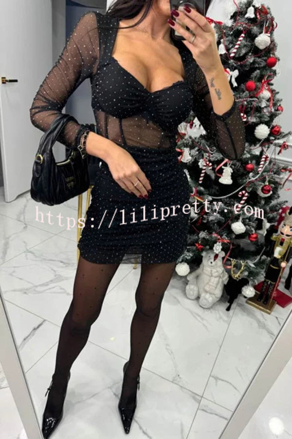 Gaze Mesh Glitter Fabric Sweetheart Neck Long Sleeve Stretch Mini Dress