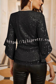 Solid Color Sequined V-neck Hollow Sleeve Slim Fit Top