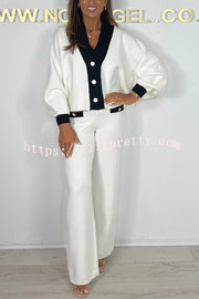 Fashion Contrast Color V-neck Loose Cardigan and Elastic Waist Casual Pants Set