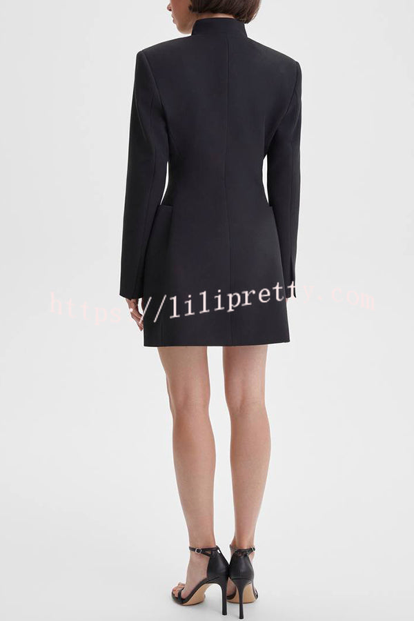 Kayleen Stand V-neck Decorative Metal Button Long Sleeve Pocket Blazer Mini Dress