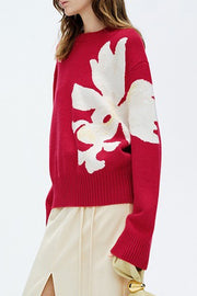 Fashionable Color-blocked Floral Loose Long-sleeved Knit Sweater