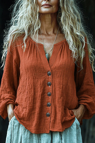 Linen Blend V-neck Long-sleeved Button-down Loose Shirt