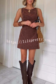 Atlas Faux Suede Open Back Button Accents Zipper Mini Dress