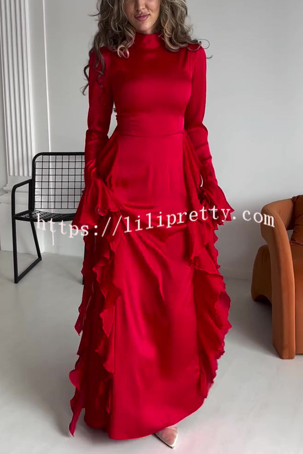 Cline Solid Color High Neck Long Sleeve Elegant Ruffles Maxi Dress