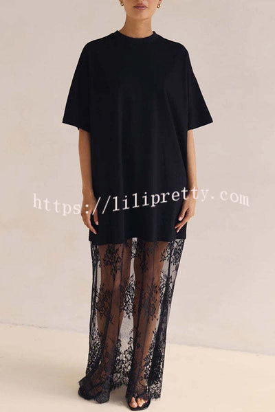 Ophelia Short Sleeve Sheer Floral Lace Hem Oversized T-shirt Maxi Dress