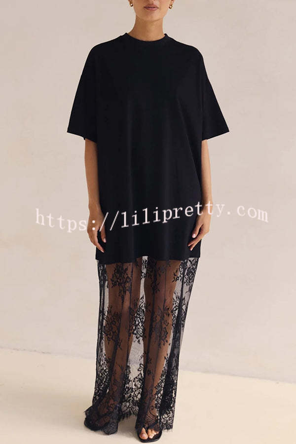 Ophelia Short Sleeve Sheer Floral Lace Hem Oversized T-shirt Maxi Dress