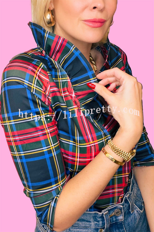 Duke of York Holiday Plaid Ruffle Stand Neck Half Sleeve Blouse