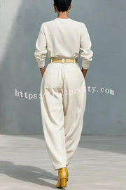 Fashionable Round Neck Long-sleeved Casual Top and High Waist Pocket Loose Wide-leg Pants Set