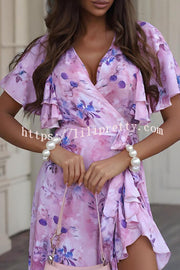 Unique Printed V-neck Ruffled Loose Midi Dress