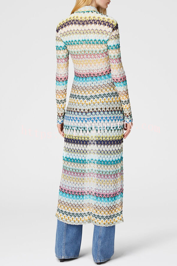 Anna Knit Colorful Herringbone Print Shirt Neck Button Long Sleeve Slim-fit Long Cardigan