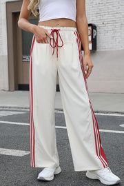 Side Stripe Print Elastic Waist Pocket Casual Straight-leg Pants
