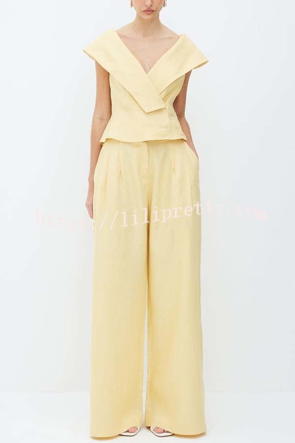 Velena Linen Blend Button Up Lapel Top and High Rise Pocket Wide Leg Pants Set