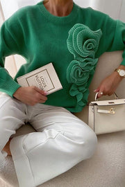 Solid Color 3D Floral Loose Long-sleeved Knit Sweater