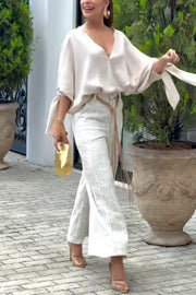 Joyful Bond Linen Blend V-neck Knotted Cuff Half Sleeve Loose Top