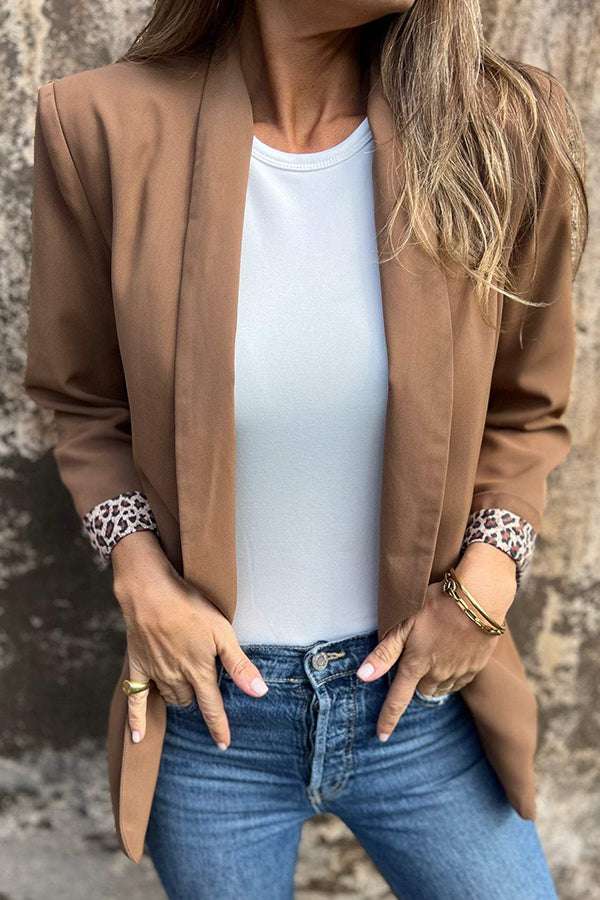 Stylish leopard print lined lapel long sleeve blazer