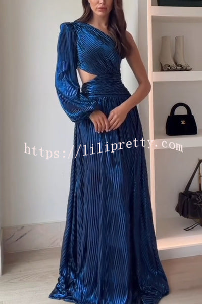 Dazzling Night Metallic Pleated One Shoulder Cutout Balloon Sleeve Gown Maxi Dress