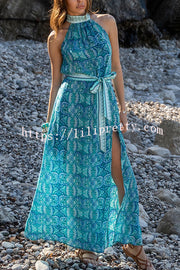 Unique Print Sexy Off-the-shoulder Waist Tie Slit Holiday Midi Dresses