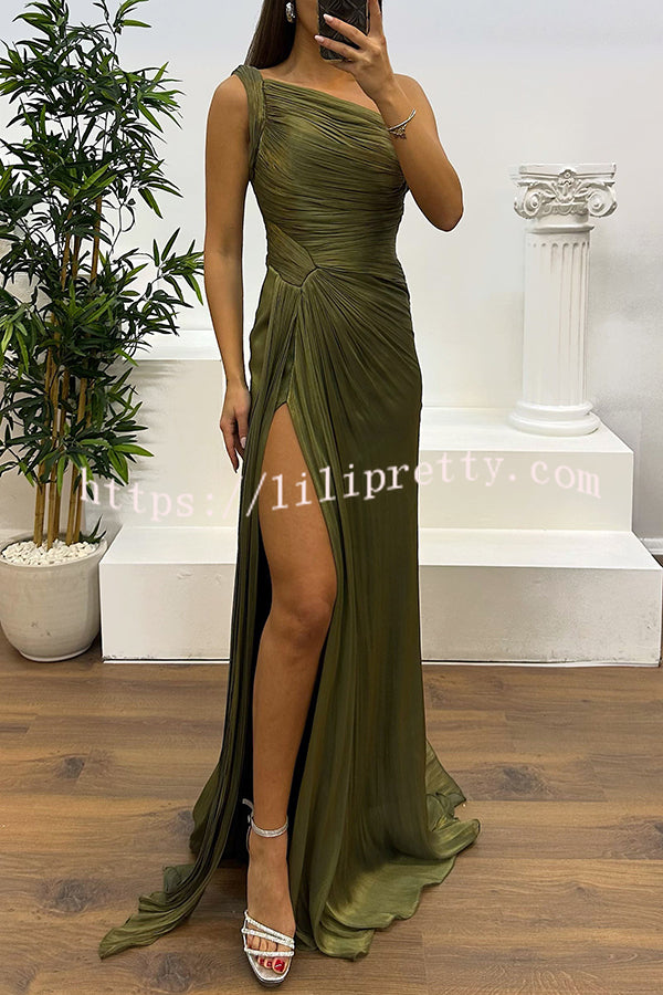 Fashion One-shoulder Pleated Ribbon Slim Slit Maxi Dress