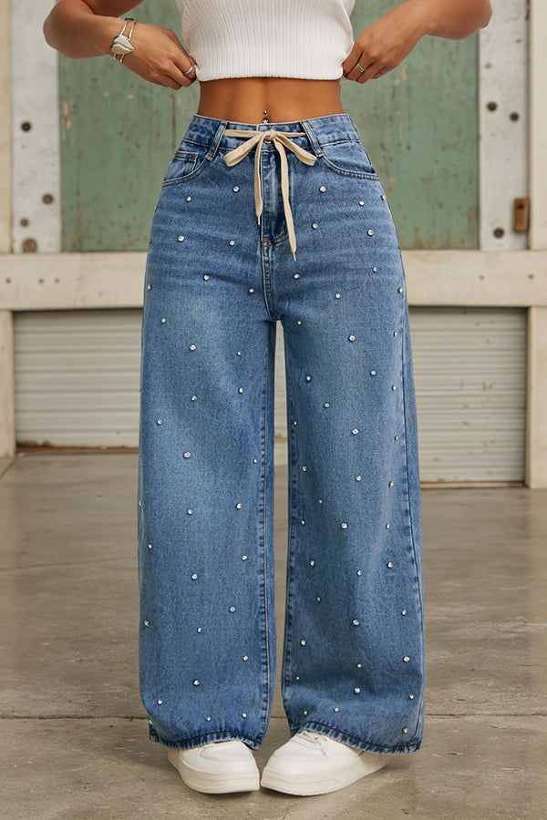 Fashion Rhinestone Embellished High Waist Tie Casual Pocket Wide Leg Jeans