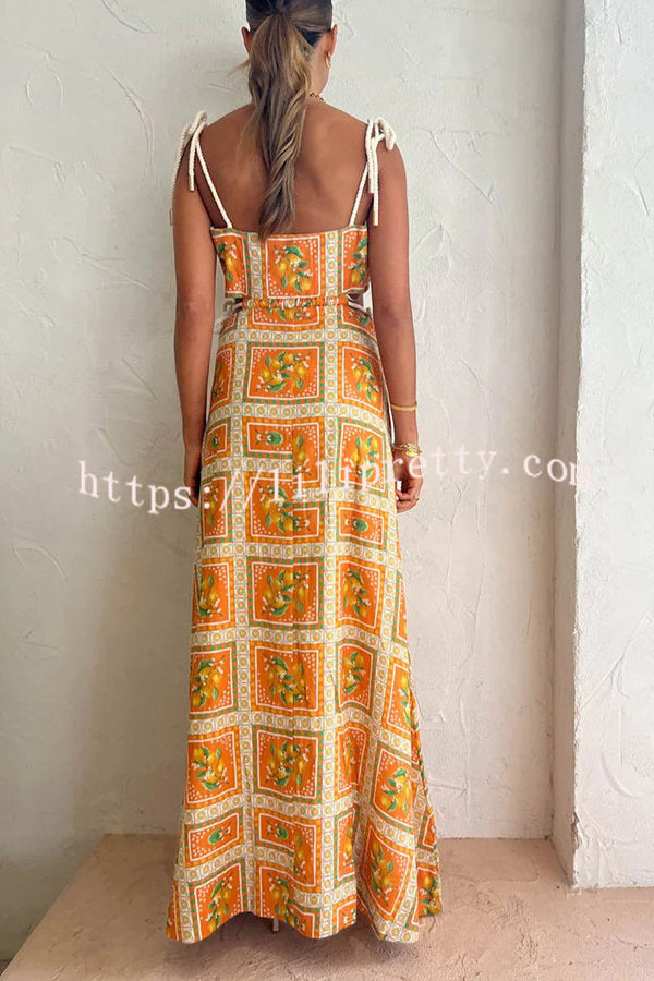 Orange Summer Printed Linen Blend Cutout Tie-up Design Maxi Dress
