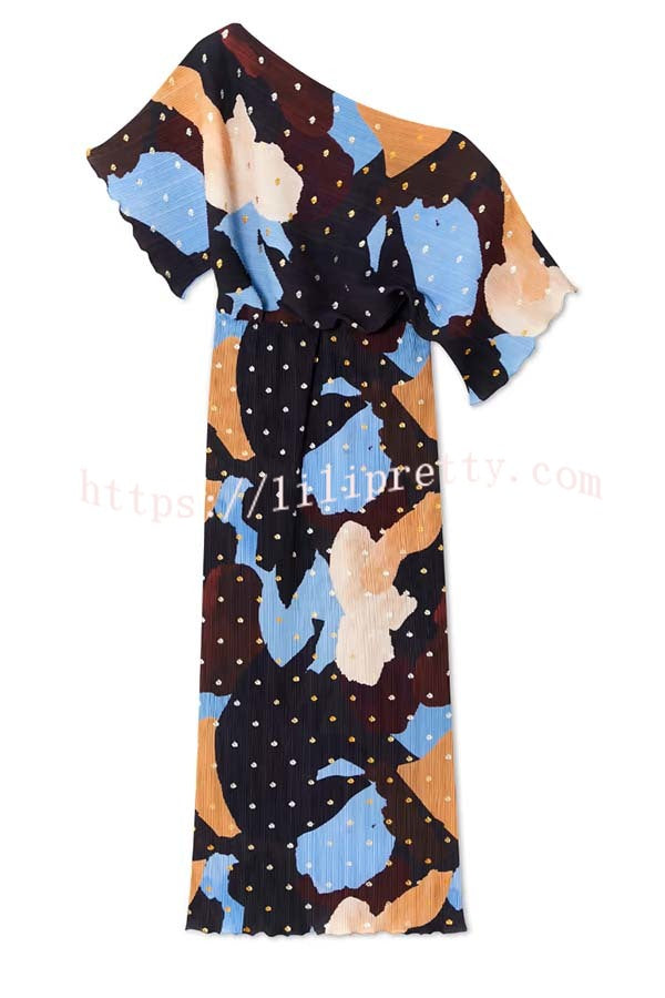 Mara Pleated Fabric Metallic Speckled Color Block Print One Shoulder Maxi Dress